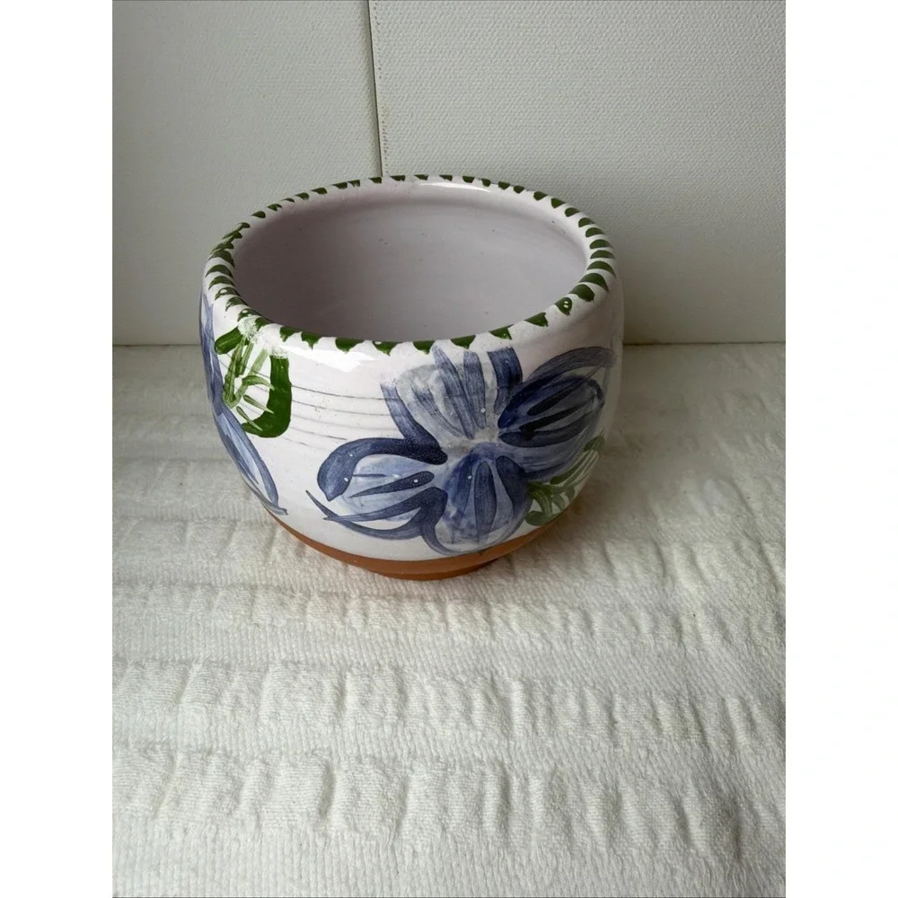 Handmade Painted Floral Blue Green Terra Cotta Pottery Planter Signed Skinner